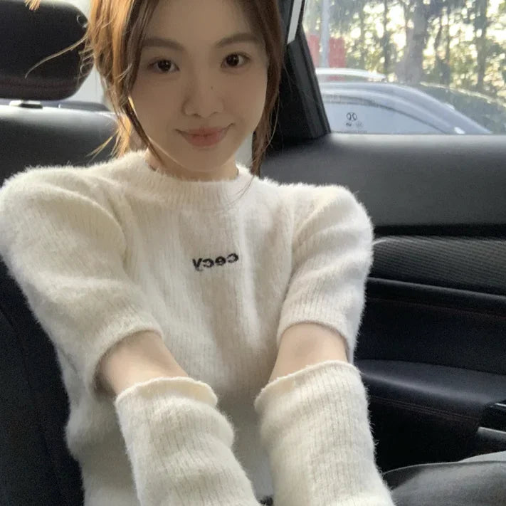 Lunivop White Knitted Hotsweet O Neck Sweaters Pullovers Oversleeve Women Crop Tops Mink Cashmere Y2k Letter Print Slim Fit High Waist