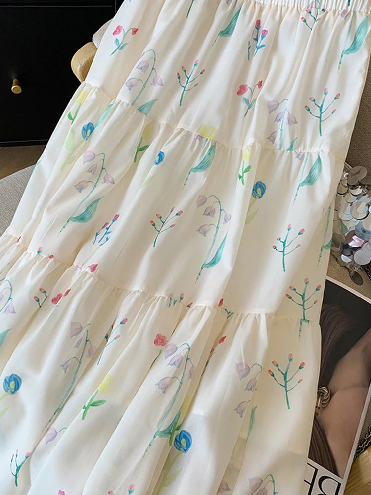 Lunivop  Floral Elegant Long Skirts Women Vintage Loose Sweet High Waist A Line Skirt Korean Retro Summer High Quality Long Skirt