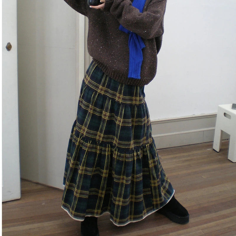 Lunivop Vintage Preppy Style Plaid Skirt Women Y2k Harajuku Japanese Style Long Skirt Streetwear Retro Ruffle Skirts Aesthetics