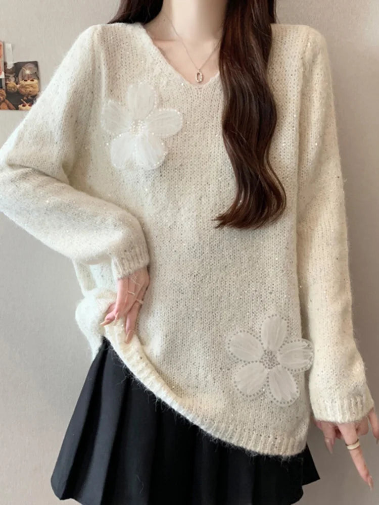 Lunivop 3D Floral Sweet Sweaters Women Loose Fashion V Neck Elegant Knitted Jumper Casual Chic Korean Female Fall Winter Long Sleeve Top