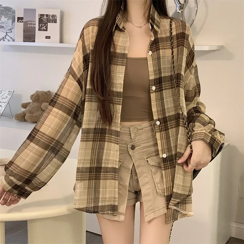 Lunivop Tops Women Sheer Chiffon Plaid Shirt Long Sleeve Button Up Collared Oversize Checked Shirts and Blouse Summer Casual Outfit