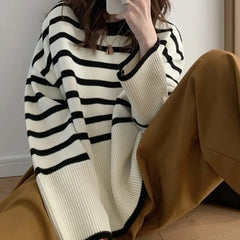 Lunivop Women Striped Sweater Soft Warm Loose-fit O-Neck Long Sleeve Knitted Pullovers Sweater Jumper Autumn Winter Casual Chic Top