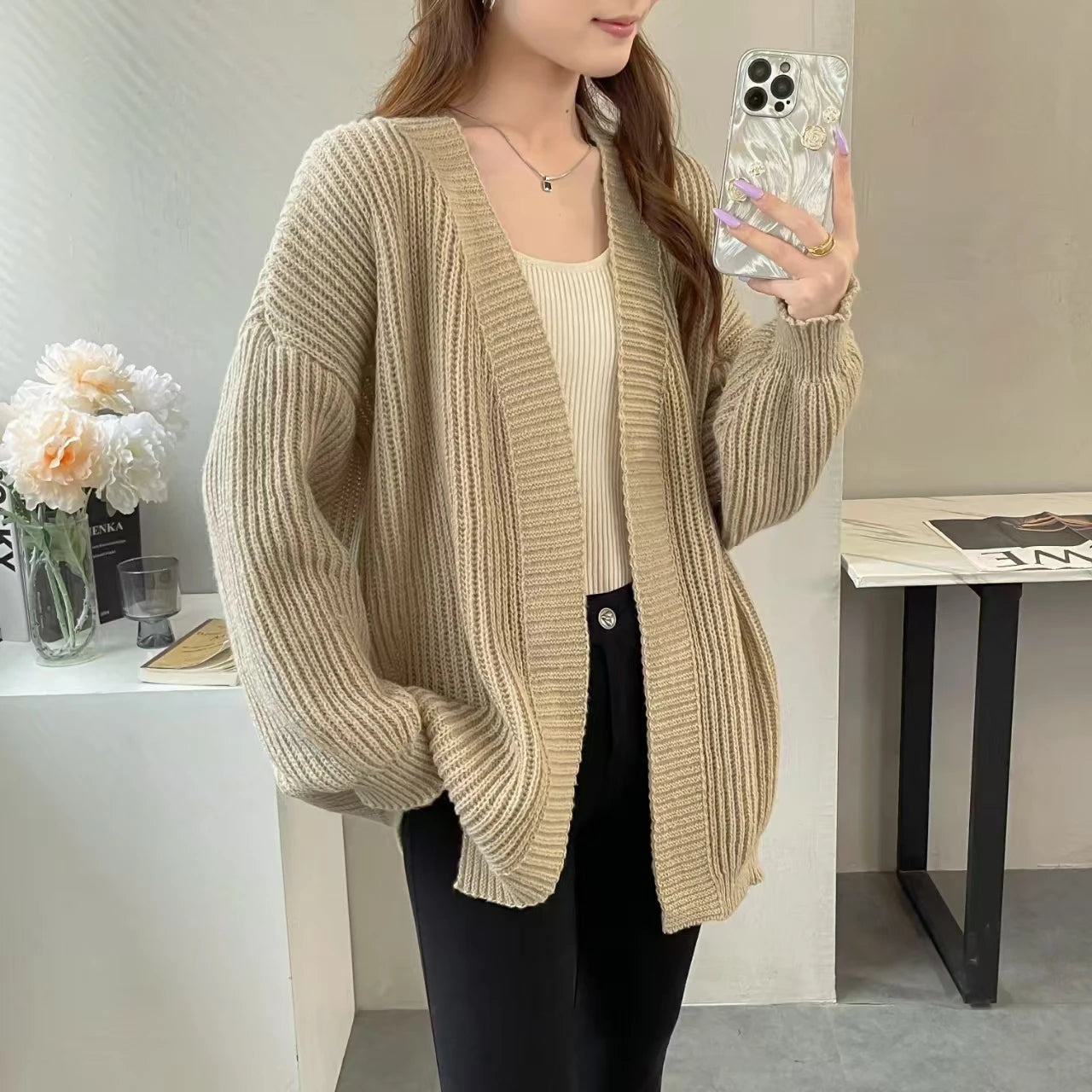 Lunivop Open Front Cardigan for Women Cozy Knitted Long Sleeve Plain Sweater Jacket Autumn Winter Casual Chic Outfit