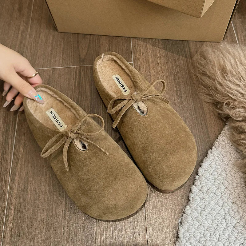 Lunivop New Women Slippers Fur Flats Short Plush Mules Shoes Women Fashion Bowknot Soft Sole Cotton Shoes Suede Home Warm Shoes