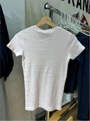 Lunivop  Sweet Pink Striped Slim T-shirt Women Spring Round Neck Cotton Short Sleeve Tee Shirts Female Cute Preppy Style Y2K T shirts New
