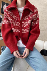 Lunivop Women Fair Isle Sweater Zipper Front Collared Zip-up Sweater Knit Jacket Cozy Knitwear Teen-girl Fall Winter Vintage Outfit
