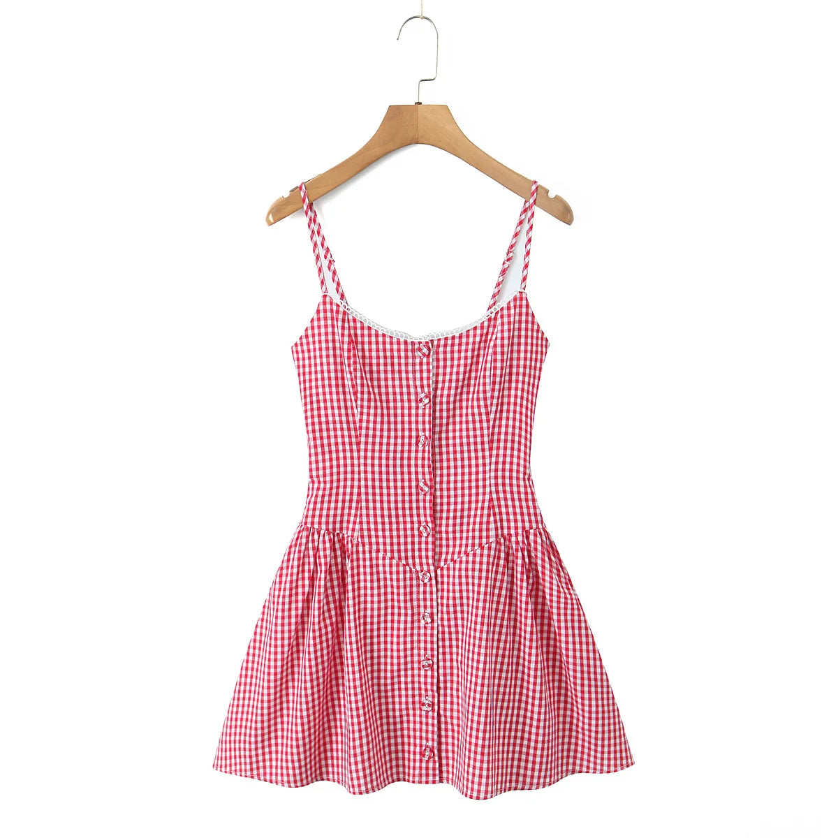 Lunivop  Sexy Gingham Plaid Spliced Lace O neck Mini Sling Dress Women Open Through Buttons Low Waist Swing A line one-piece Dresses