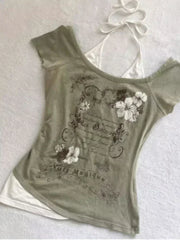 Lunivop  American Vintage Fake Two Piece Halter Lace Up T-shirts Y2k Slim Fit Print Tops Women Off Shoulder Short Sleeve Tee Shirt