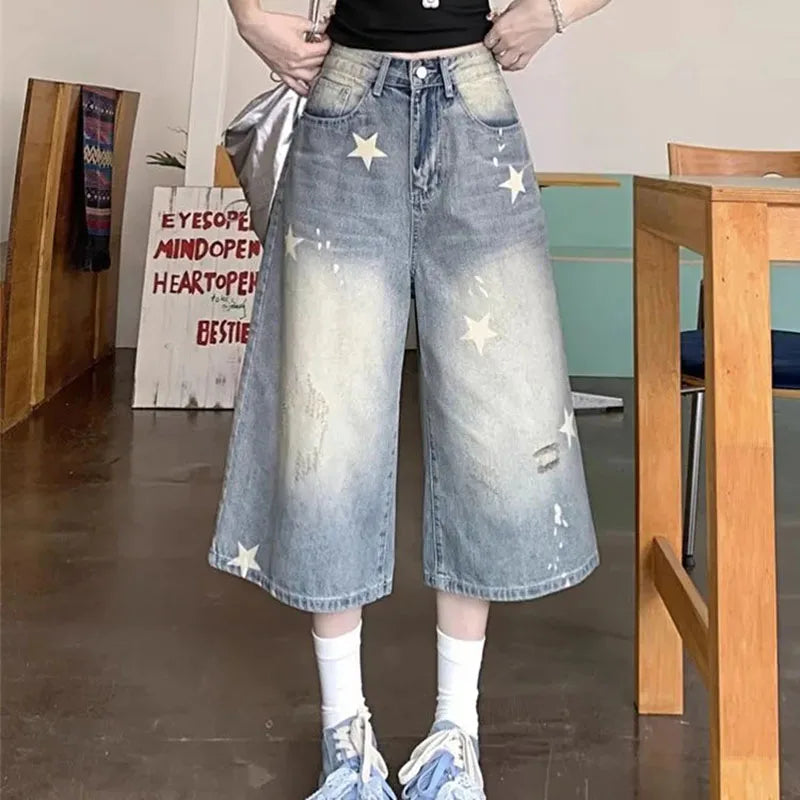 Lunivop  Women's New Baggy Calf Length Jeans Vintage Hole Star Printed Wide Leg Denim Pants Ladies Fashion High Waisted Cropped Trousers
