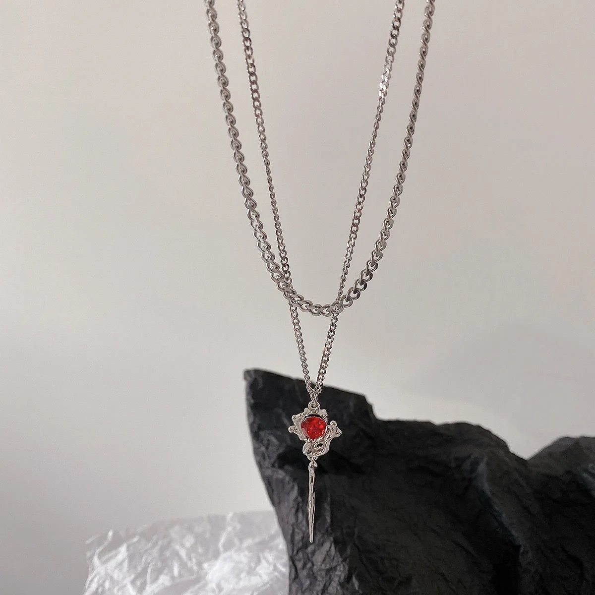 Lunivop Double Layer Red Zircon Rose Pendant Necklaces Y2K Layered Flower Stone Chain Necklace Irregular Floral Aesthetic Jewelry Gifts