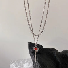 Lunivop Double Layer Red Zircon Rose Pendant Necklaces Y2K Layered Flower Stone Chain Necklace Irregular Floral Aesthetic Jewelry Gifts