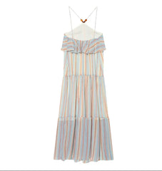 Lunivop  Elegant Halter Striped Women's Long Dress Chic Double-layer Pleated Sleeveless Loose Vestidos Lady Summer Daily Street Wear
