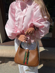 Lunivop  Shiny Fabric Jacket High Stand Collar Oversized Puff Sleeve Drawstring Cropped Hem Autumn Fashion Daily Lady Sweet Jacket