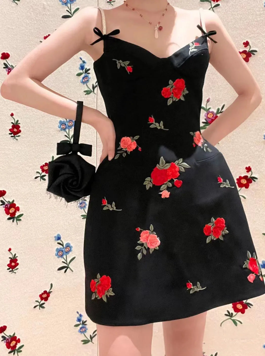 Lunivop Fashion Embroidery Rose Dress Women's Sleeveless Waist Retraction A Line Dresses 2025 Summer New Tide