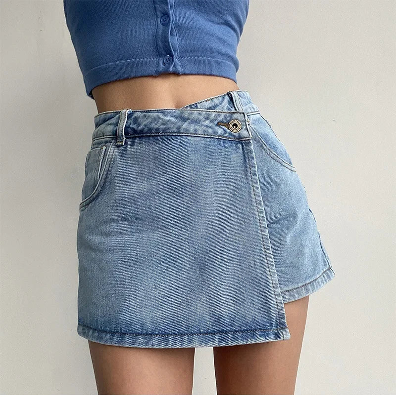 Lunivop Elegant Slimming High-waisted A- line Denim Shorts Women's Summer New 2023 Light Color Two-piece Illusion Design Slim Fit