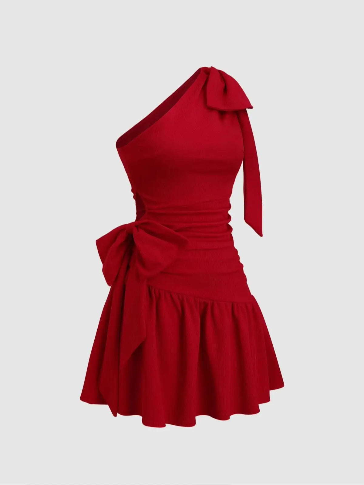 Lunivop  Red one shoulder bow adorned ruched short dress,Red asymmetrical strap bow slim fit dress,Red one shoulder ruffled mini dress