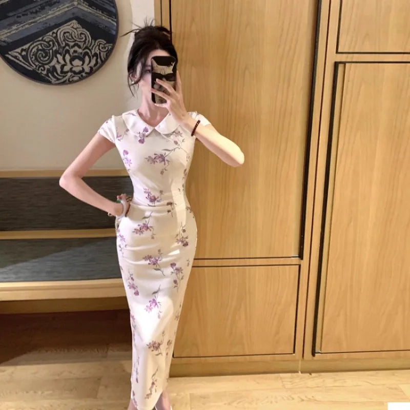 Lunivop  Woman Dress Sexy Peter Pan Collar Floral Printed Slim Vintage Elegant Summer Fashion Temperament Party Dresses Female
