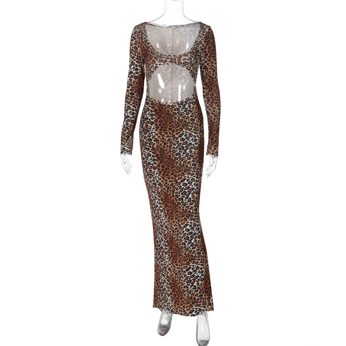 Lunivop Fashion Leopard Print Maxi Dress for Women Sexy Hollow Out Slim Evening Party Dresses Autumn Winter Long Sleeve Club Outfit