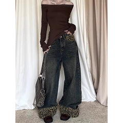 Lunivop  New Y2K Leopard Patchwork Wide Leg Jeans Women Harajuku Contrast Color Loose Denim Pants Autumn Oversized Streetwear Trousers