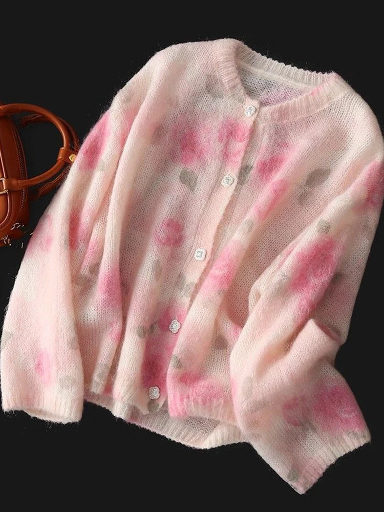 Lunivop Elegant Floral Sweet Cardigan Sweaters Women Long Sleeve Lazy Wind Vintage Knitted Coats Fall New O Neck Single Breasted Tops