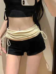 Lunivop  Drawstring Panelled Patchwork Casual Shorts Ballet Casual High Waist Denim Shorts Women Japan Slim Trendy Minority Pants