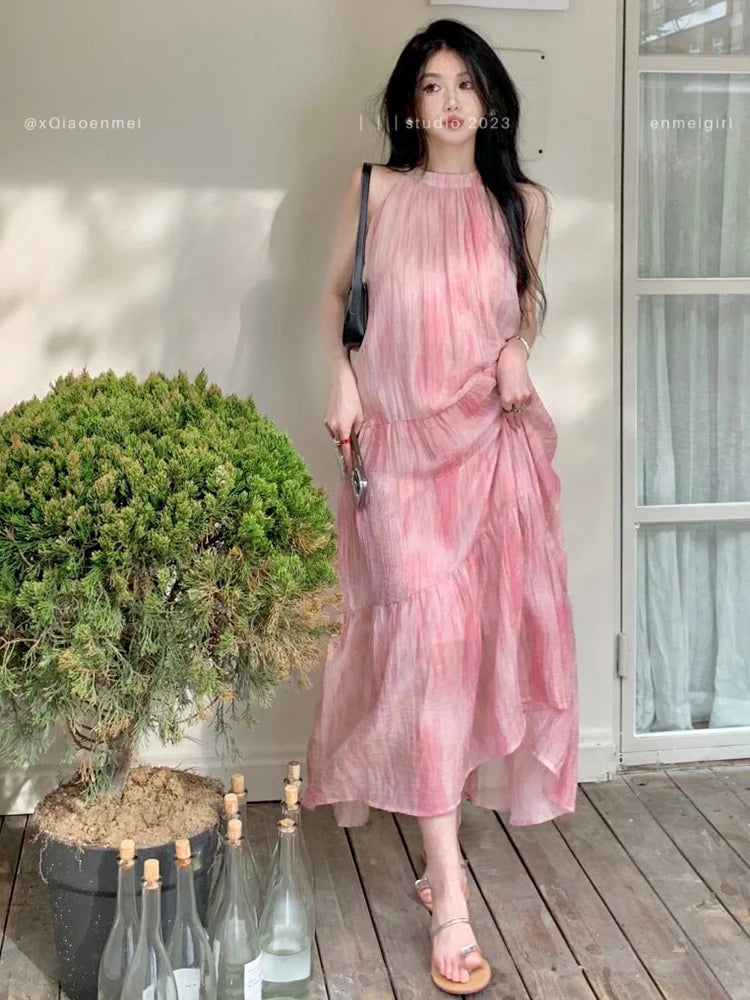 Lunivop  Pink Tie Dye Beach Long Dress Women Elegant Casual Sleeveless Sweet Tanks Dress Casual Vintage Summer Lady Loose Long Dress