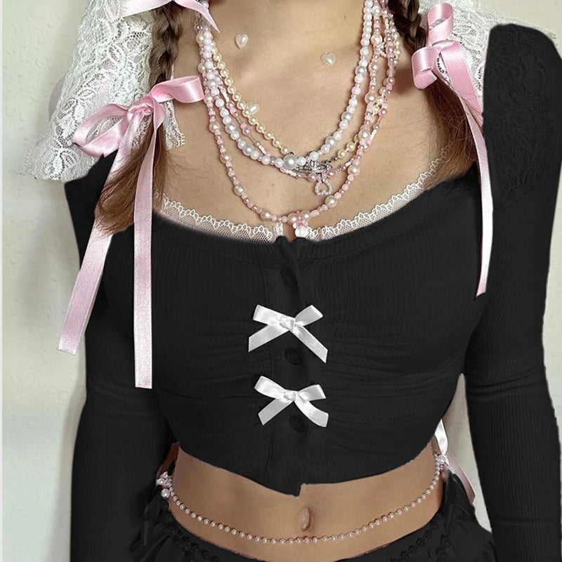 Lunivop  Cute Bow Stitching Pink Top Lace Patchwork Square Collar Long Sleeve T-shirts Chic Folds Skinny Basic Tee Women 2024 Fall
