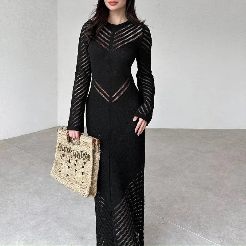 Lunivop Elegant O Neck Knitted Hollow Out Long Dress Female High Waist Bodycon Dress Fashion Party Dress Full Sleeve Solid Color