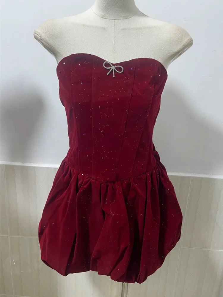 Lunivop  French Women's Velvet Lace-up Dresses Strapless High Waist Sleeveless Slim Elegant Dress Female Autumn 2025 New