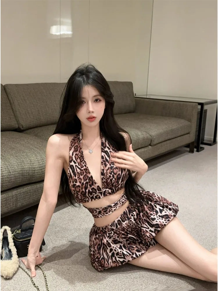 Lunivop  Sexy Leopard Print V-neck Halter Camisole Vest+ Y2k Gothic High Waist Hot Short for Women 2025 Summer New Two Piece Sets