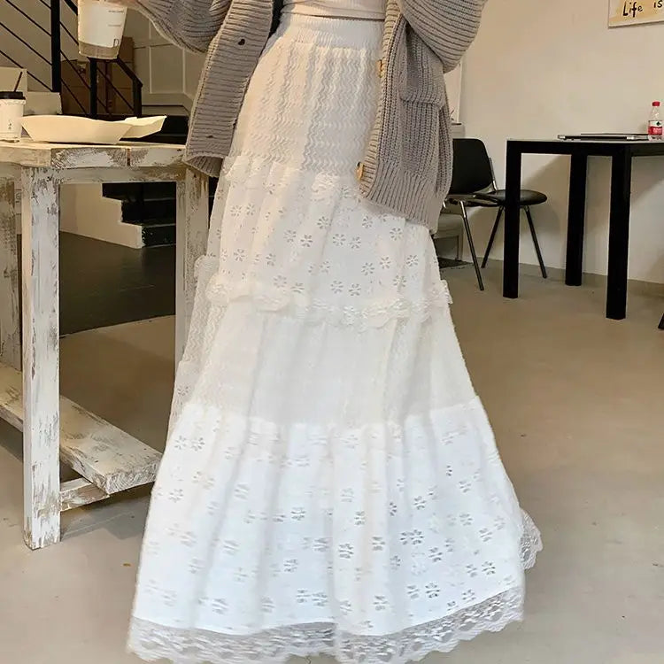 Lunivop  Sweet White Lace Cake Skirt for Women Y2k E-Girl High Waist A-line Skirts 2025 Spring New Mid-length Loose Faldas Largas