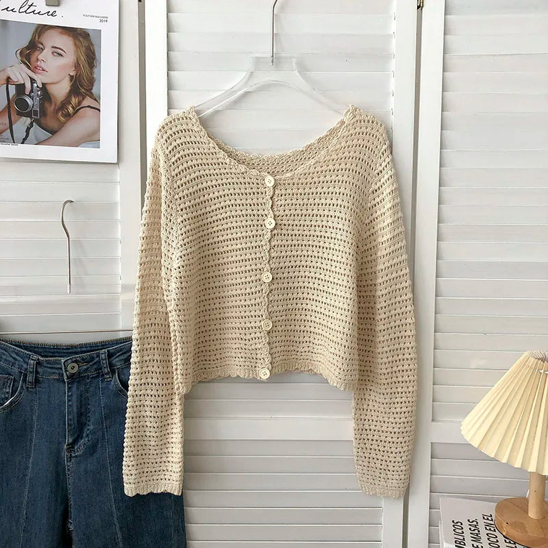 Lunivop Crochet Cardigan for Women Sheer Openwork Knit Long Sleeve Button Up Crop Top Teen-girl Shrug Cardigan Autumn Spring Y2K Outfit