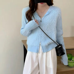 Lunivop Fuzzy Sweater Hoodie Zip-Up Mohair-Knit Cardigan Women Long Sleeve Hooded Crop Top Knitwear Fall Winter Teen-girl Y2K Outfit