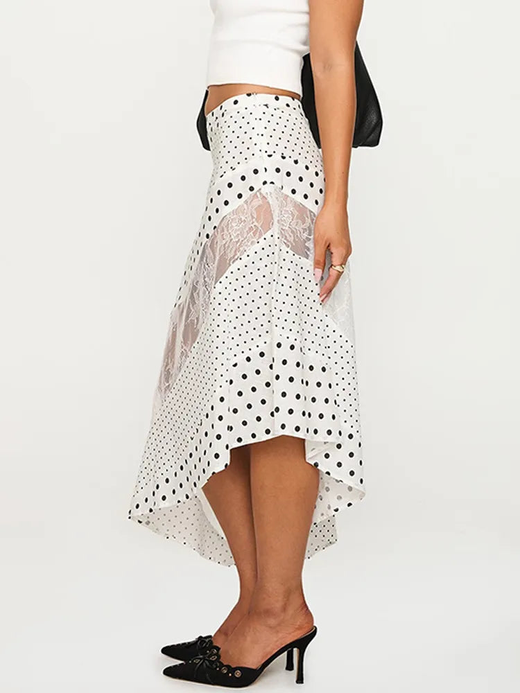 Lunivop   Polka Dot Patchwork Sheer Lace Midi Skirt Women Summer Clothes A-Line Asymmetric Long Skirt Beach Vacation Chic Streetwear