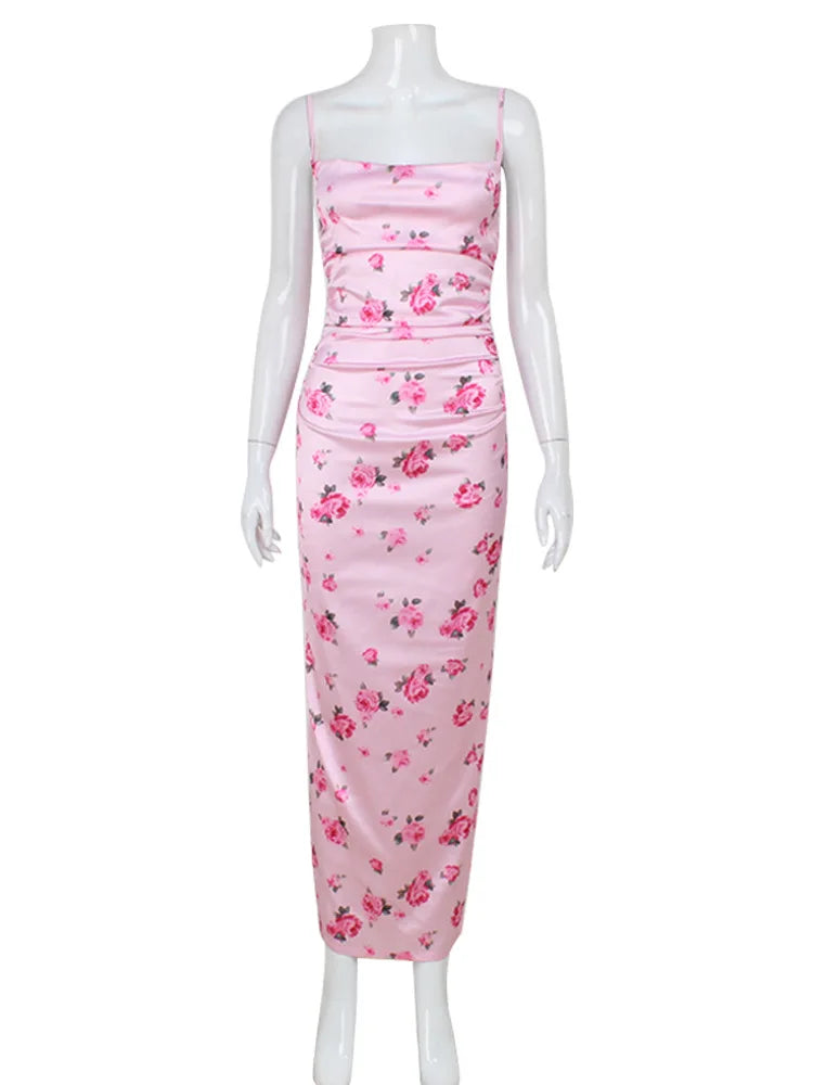Lunivop  Women's Pink Rose Print Slip Maxi Dress Cowl Neck Spaghetti Strap Ruched Bodycon Sundress Summer New Lady Daily Streetwear