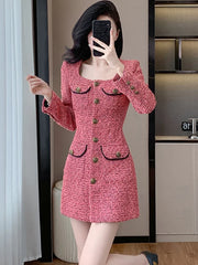 Lunivop  Women Pink Tweed Thick Warm Mini Dress Autumn Winter Long Sleeve Square Collar Dress Korean Elegant Bodycon Birthday Dress