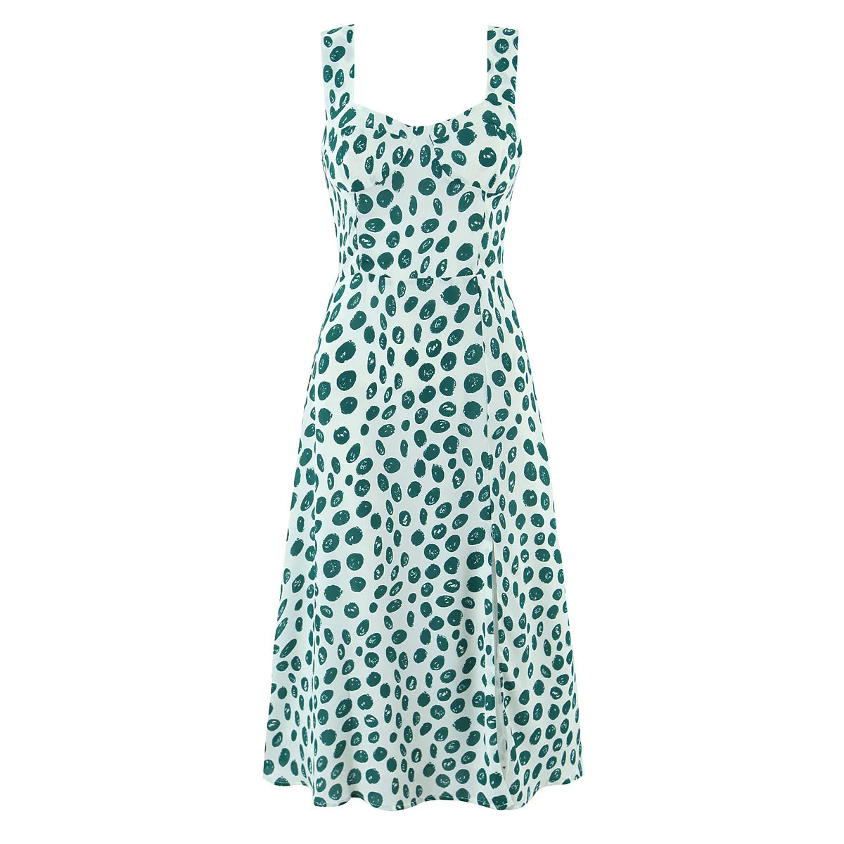 Lunivop  Women's French Retro Dot Print Midi Dress Sleeveless A-line Holiday Summer  Slit Dress for Daily Wear