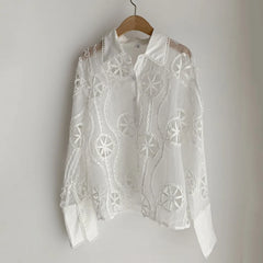 Lunivop  Fashion Autumn Women Long Sleeve White Shirt Sexy Hollow Out Floral Embroidery Blouse Female Vintage Loose Casual Tops