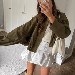 Lunivop  Casual Soft Martini Green Bomber Jackets Women Long Lantern Sleeve Oversized Autumn Winter Coats Fashion Outwears
