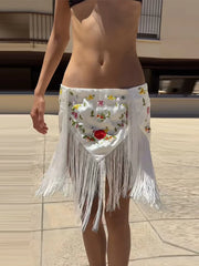Lunivop  Floral Embroidery Fringe Wrap Mini Skirt Low Rise Self Tie Asymmetrical Hem Spring Summer Festival Women Boho Party Outfit