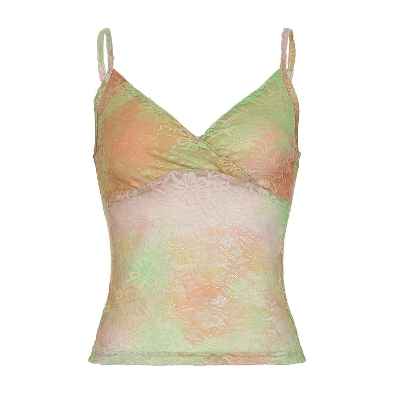Lunivop  y2k Lace Tie Dye Camis Chic Slim-fitting Cropped Top for Women Vintage 90s Mini Vest Summer Holiday Sexy Transparent Tees
