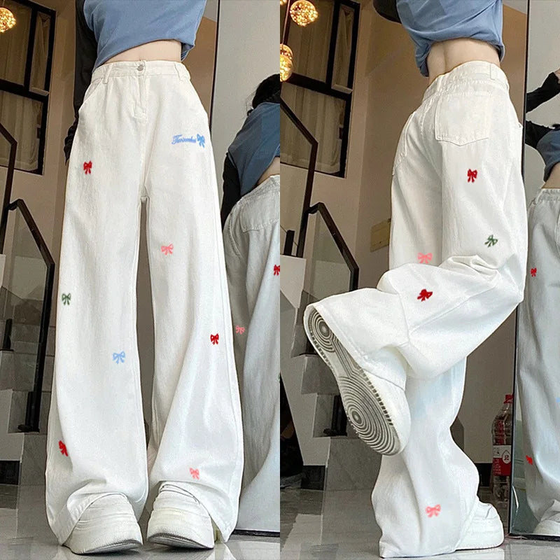Lunivop  Y2K American Streetwear Jeans Women's Embroidered Denim Pants High Waist Wide Leg Trousers Oversized Floor Length Trousers