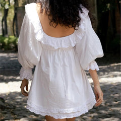 Lunivop  Sweet Women Hollow Out Embroidery Ruffles Square Collar Mini Dress White Puff Sleeve Elastic Ruched Waist Holiday Robe