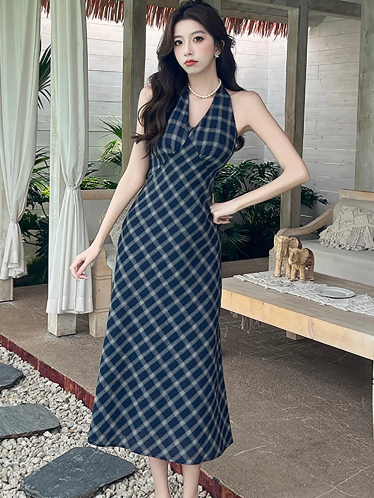 Lunivop  Women Blue Plaid Chic Bow Neck-mounted Long Dress Summer Elegant Casual A-Line Dress Korean Vintage Luxury Evening Dresses