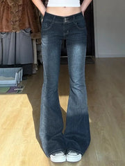 Lunivop Vintage Washed Basic Women Flared Jeans Low Waist American Style Slim Denim Pants Button-up Trousers Casual Aesthetic