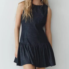 Lunivop  Sexy O collar Denim Mini Tank Dress Women Backelss Low Waist Lined Ruched Hem Swing Sleeveless Dresses Summer Robe Vestidos