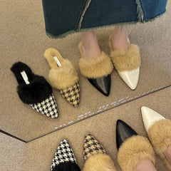 Lunivop New Winter Warm Fur Plush Women Slippers Fashion Furry Plaid Shoes Pointed Toe Flat Heel Hair Slides Zapatos De Mujer