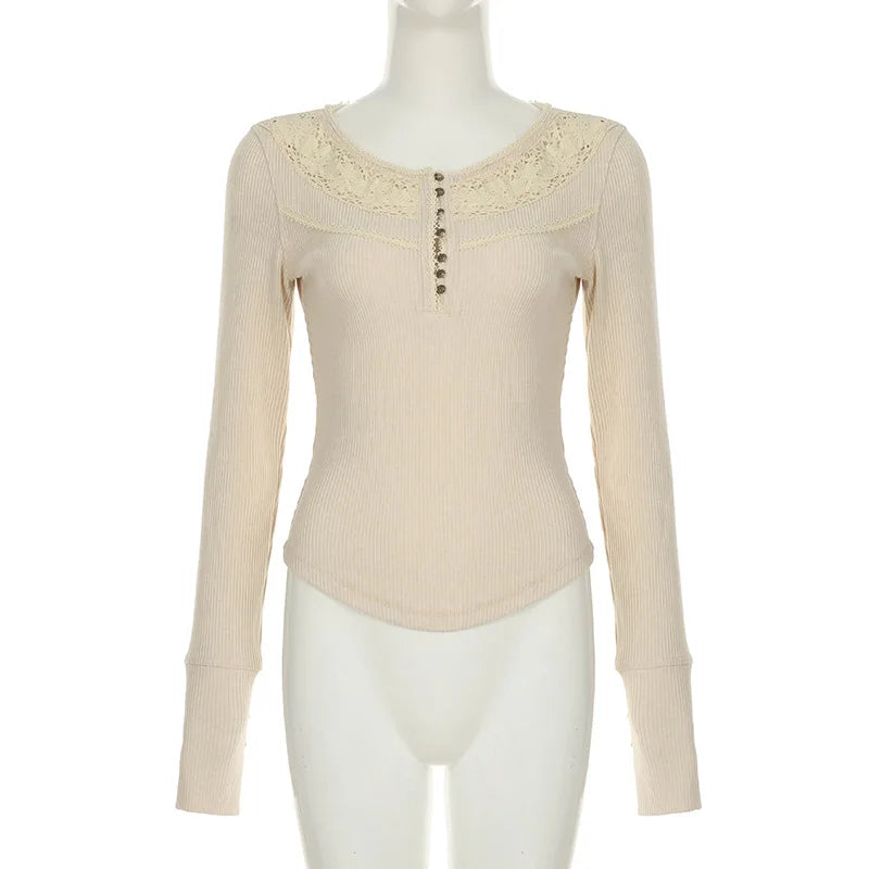 Lunivop Hollow out Crop Tops y2k Aesthetic Round necked Fairy Grunge Women Knitted Button Long Sleeve Slim TShirts Harajuku Tees Clothes