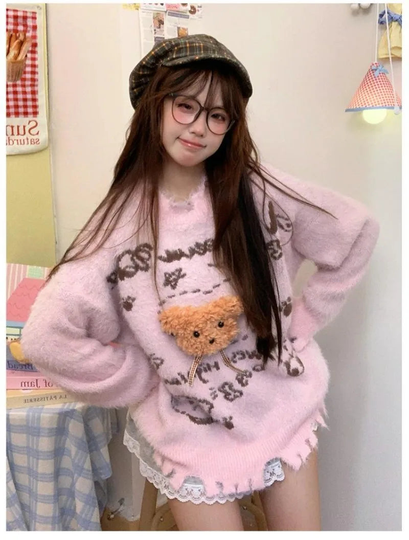 Lunivop Bear Cartoon Print American Vintage Mink Cashmere Letter Pullovers O Neck Long Sleeve Y2K Sweaters Women Sueter Mujer Knitted