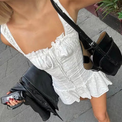 Lunivop  Sexy White Emboridery Flower Bow Ruched Chest Elastic Strap Mini Tank Dress Low Waist Spliced Folded Swing Women Sleeveless Robe